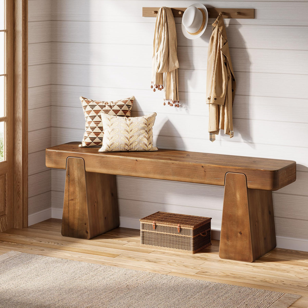 Solid Wood Bench, 47-Inch Farmhouse Wood Entryway Bench with Thickened Legs, Narrow Indoor Wooden Bench for Entry