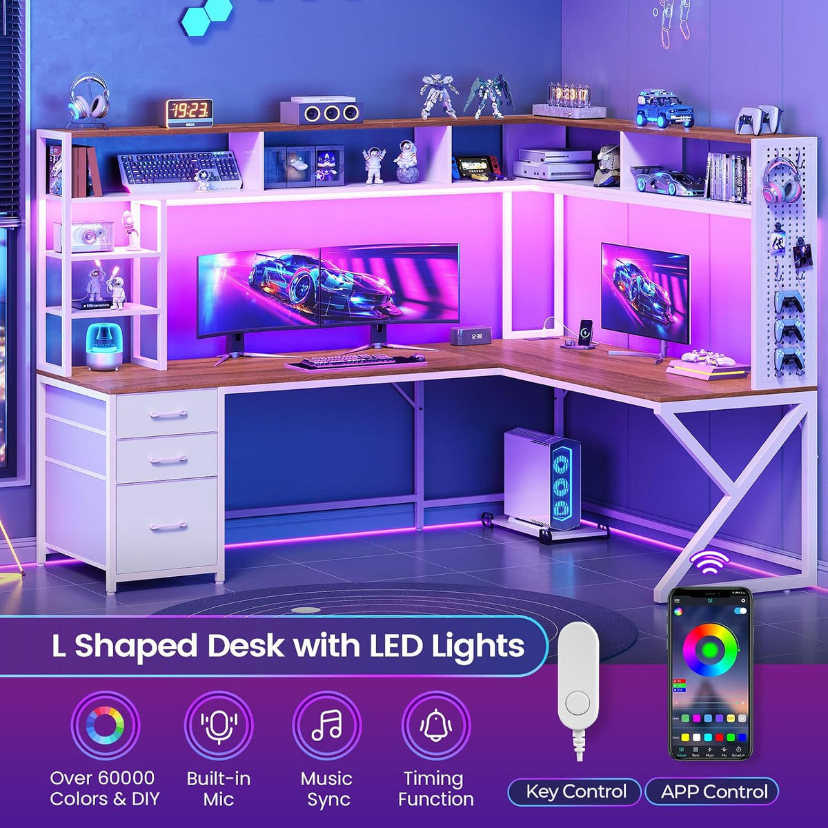 L Shaped Gaming Desk with Storage Drawers and Hutch, Convertible 94.5" Computer Desk with Drawers, Corner Computer