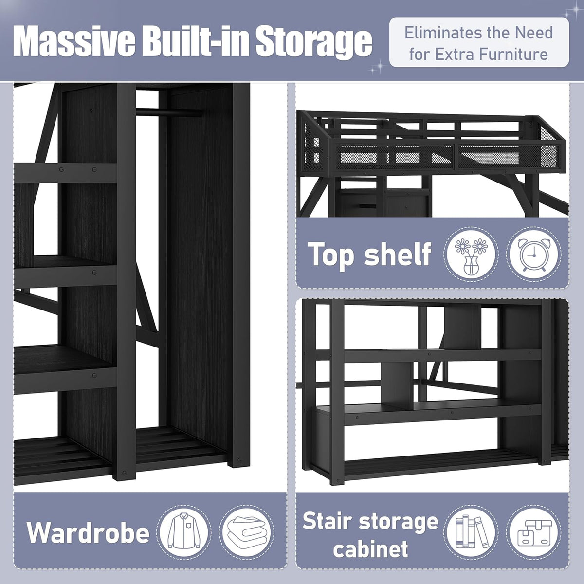 Queen Loft Bed Frame with Storage Stairs, Beside Shelf & Wardrobe, Metal Queen Loft Bed with LED Light & USB Ports