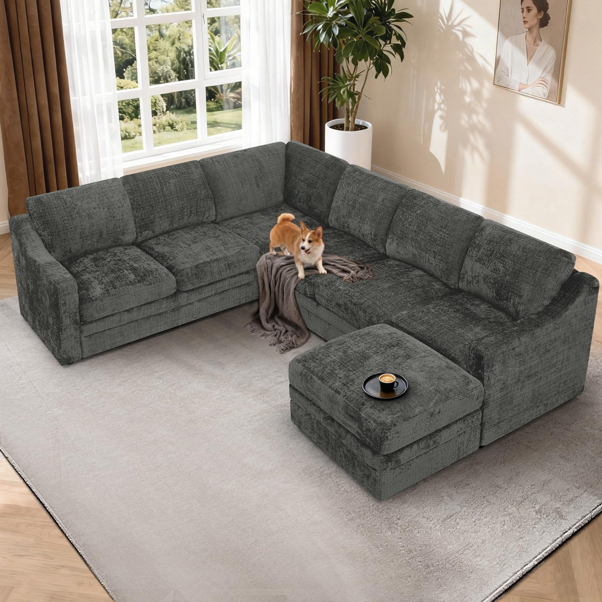 115 Inches Chenille Sectional Sofa with Storage Ottoman, Grey