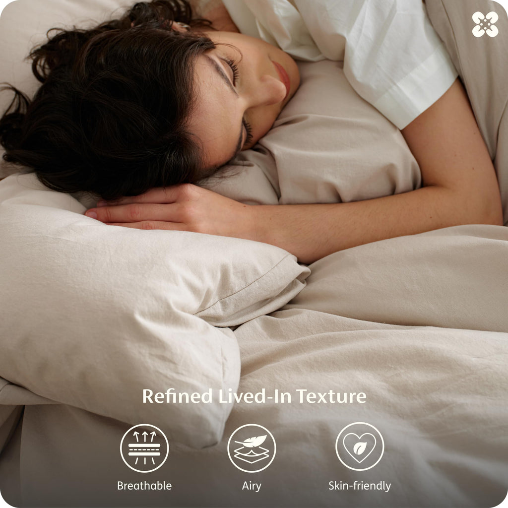 PureWoven 100% Washed Cotton Duvet Cover Set Twin, Oatmeal