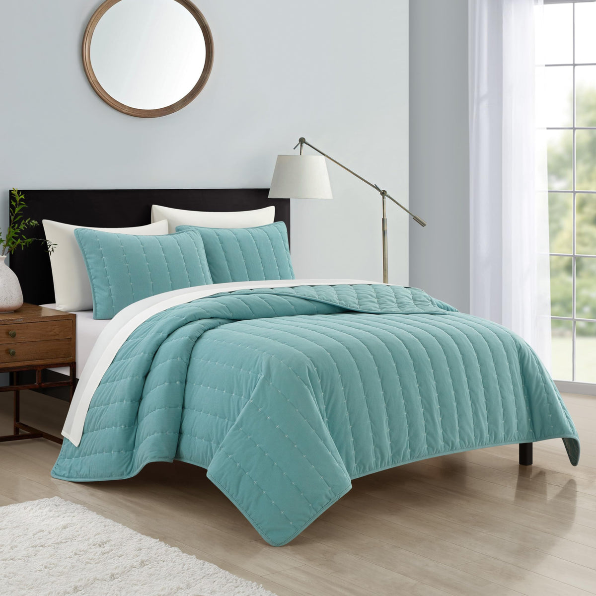 Jalla 3 Piece Corduroy Quilt Set Embroidered Coverlet Bedspread w/Pillow 2 Shams, Blue