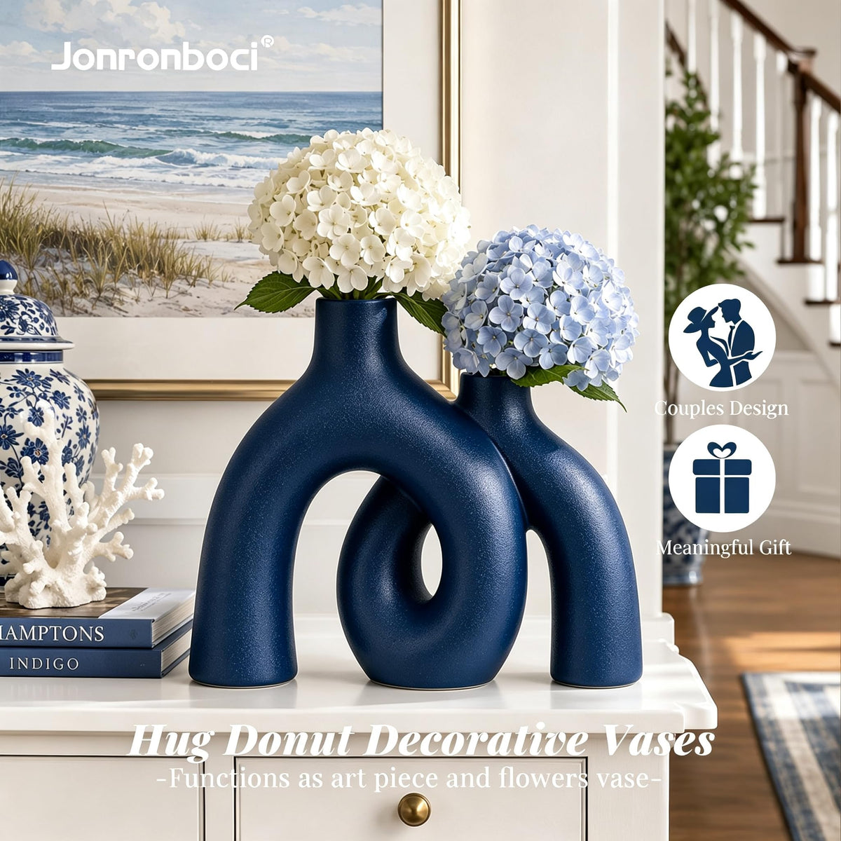 Blue Vase Set, Hug Donut Navy Ceramic Vases for Modern Coastal Decor