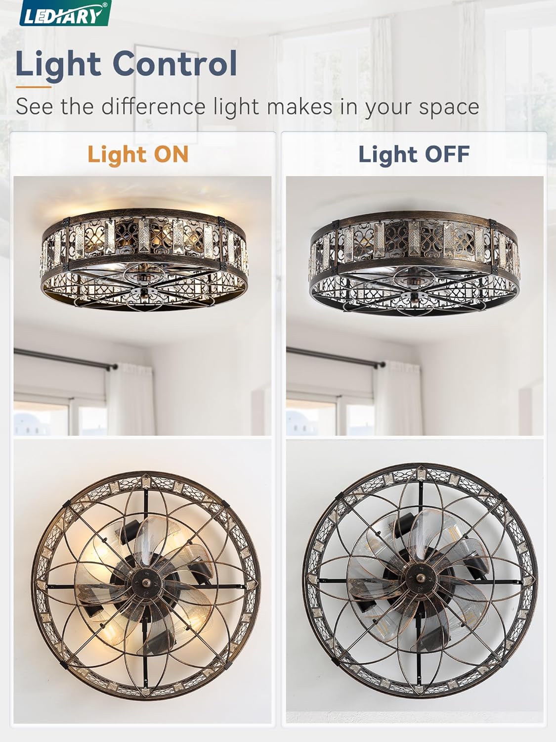 20" Caged Ceiling Fans with Lights,Flush Mount Vintage Victorian Rustic Crystal Fandelier
