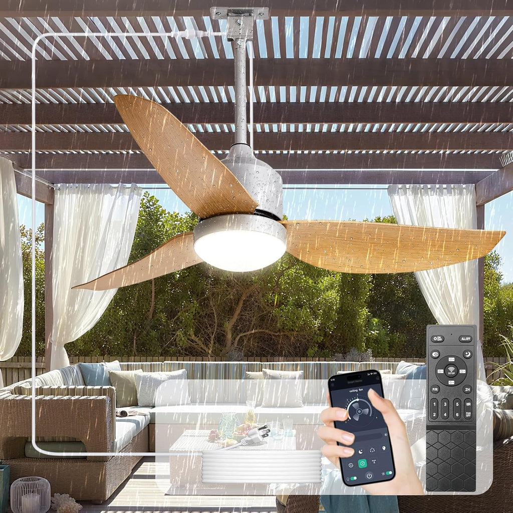 42 Inch Nickel Waterproof Gazebo Fans with Lights Outdoor Hanging - Plug in Remote App Control for Patio Indoor Farmhouse Porch - 6 Speed Reversible DC Motor