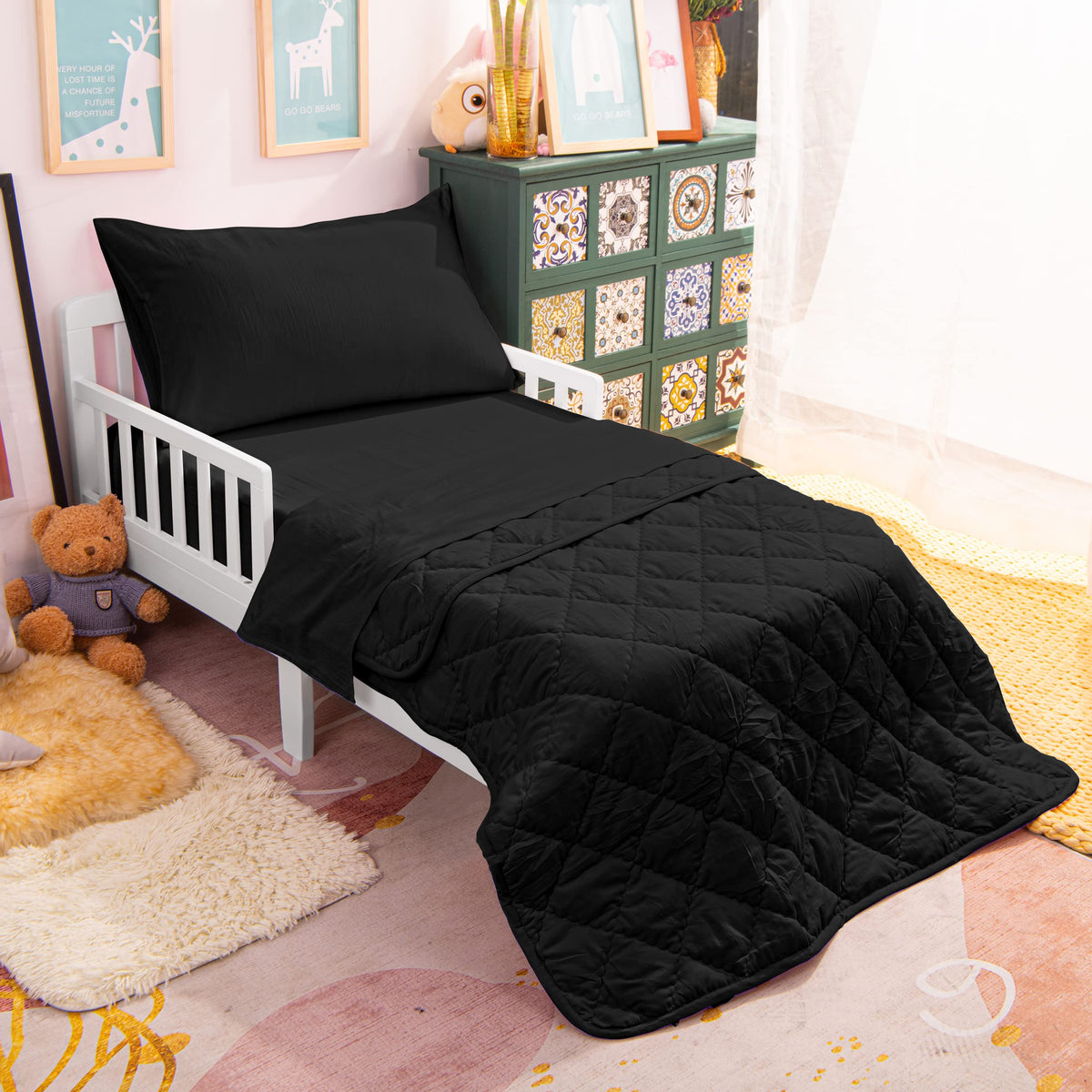 Toddler Microfiber Bedding Set, 4 Piece, Black