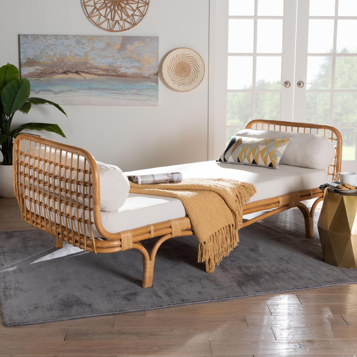 Aiko Handwoven Natural Rattan Daybed with Cushion - Boho Coastal Lounge Bed, or Sunroom