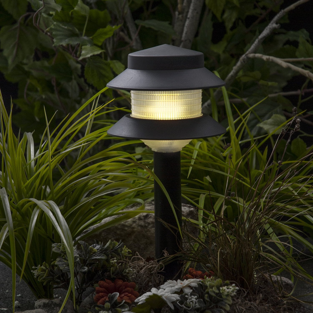 35 Lumen Modern 2-Tier Low Voltage Path Light - Outdoor 2.5 Watt Landscape Light (12 Pack, Black)