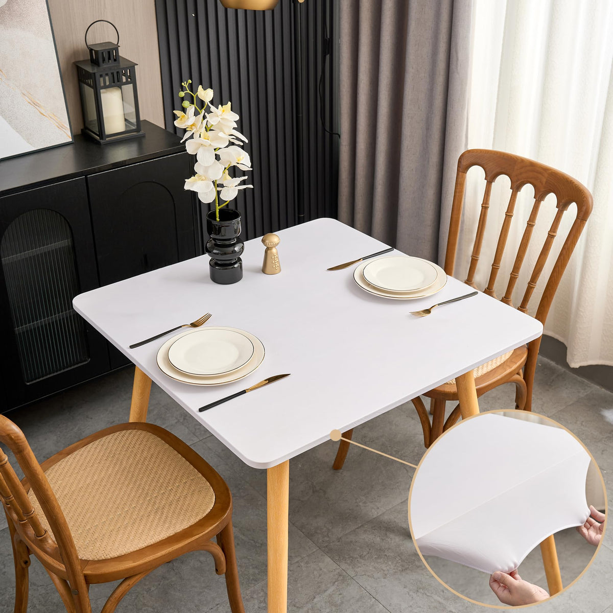 Solid Color Square Tablecloth 48x48 Inch Fitted Patio Coffee Table Cover with Elastic Stretchy Washable White Fabric