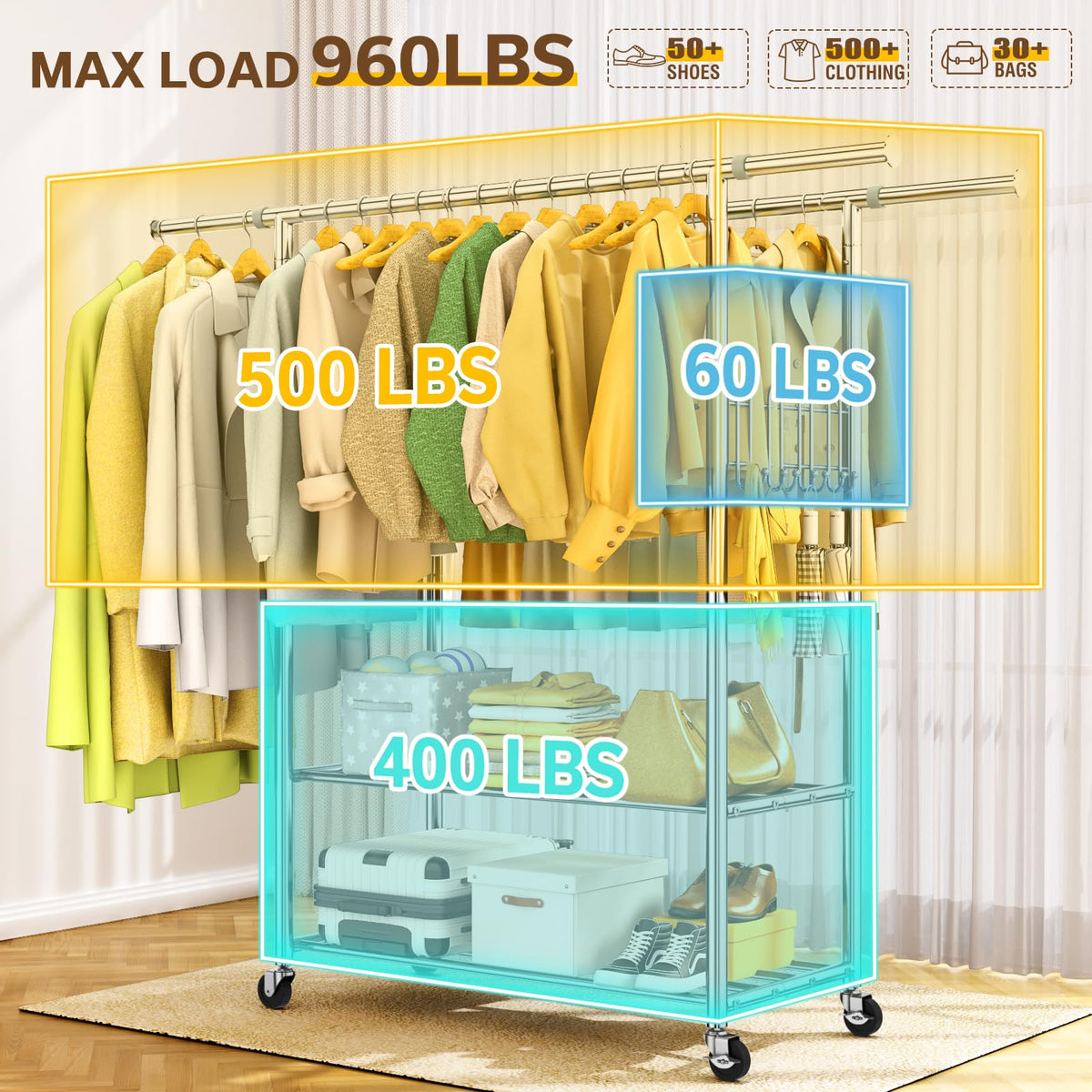 100% Stainless Steel Heavy Duty Clothes Rack Load 960LBS, Double Rod Clothing Rack for Hanging Clothes with