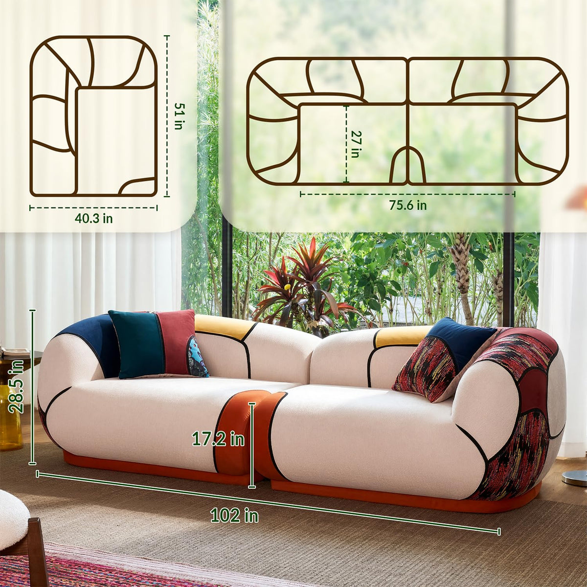 102" Modern Curved, 4-Seat Floor Couch in Chenille, No Assembly