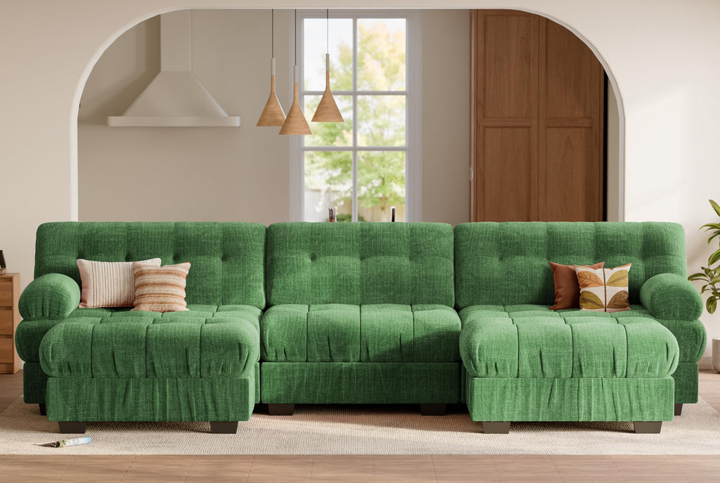 126" Extra Wide Modular Sectional Sofa, Comfy U-Shaped Cloud Couch w/ 2 Movable Ottoman, 5-Seater Chenille Deep Seat