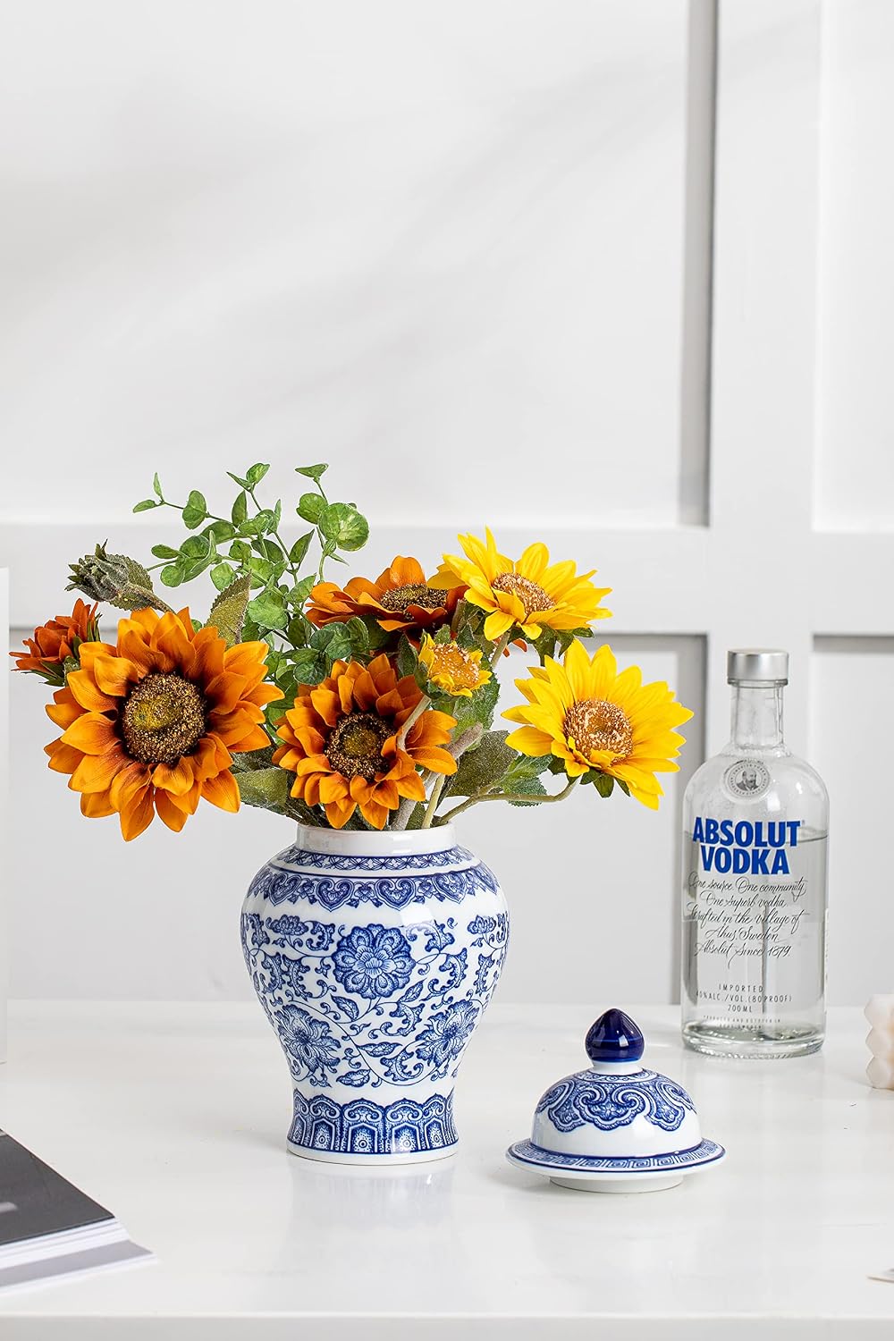 Blue and White Ginger Jar, Ceramic Chinoiserie Decorative Jars, Flower Vase Pocelain, Glossy Vase for Table, Living