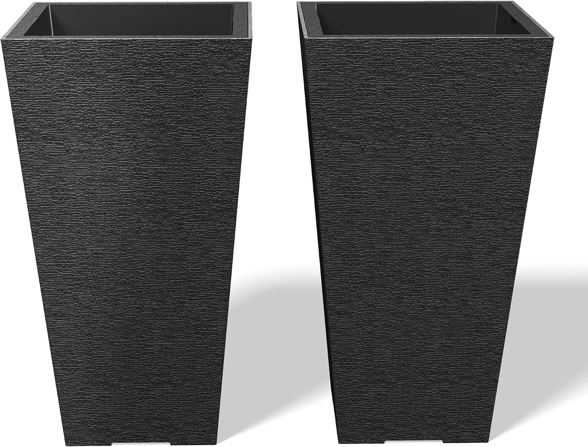 Set of 2 Black Square Planters 22.5" Tall Home & Outdoor | Tapered, Nursery Pot & Outer Cachepot, Indoor Use, Modern