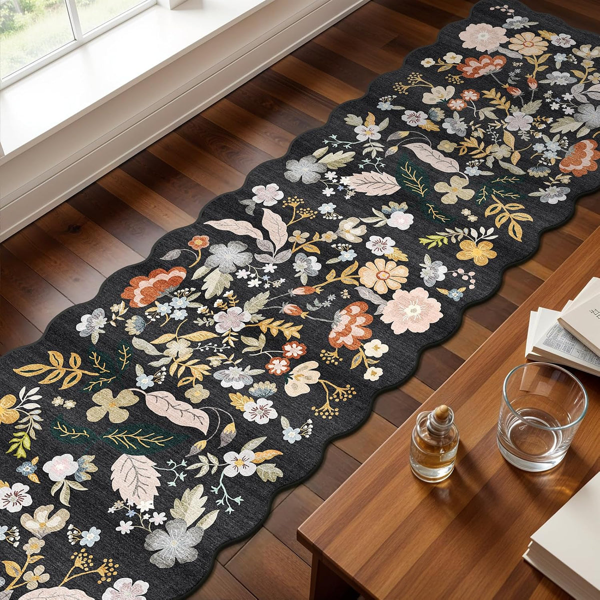 Scalloped Hallway Runner Rug: Washable Non Slip Boho Floor Mat Black