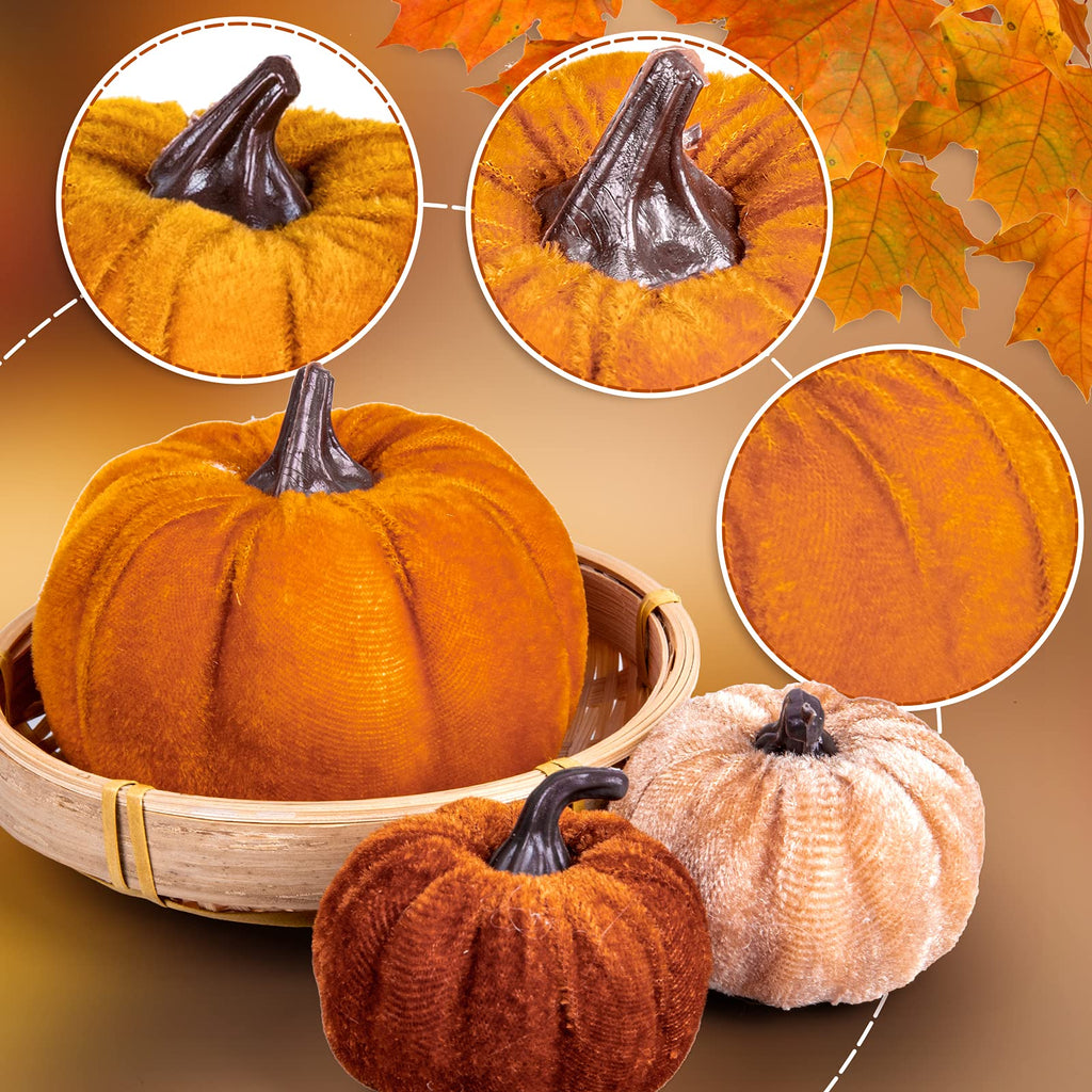 12Pcs Fall Faux Velvet Pumpkins Thanksgiving Harvest Artificial Fake Pumpkin Rustic Assorted Sizes Orange Brown Khaki