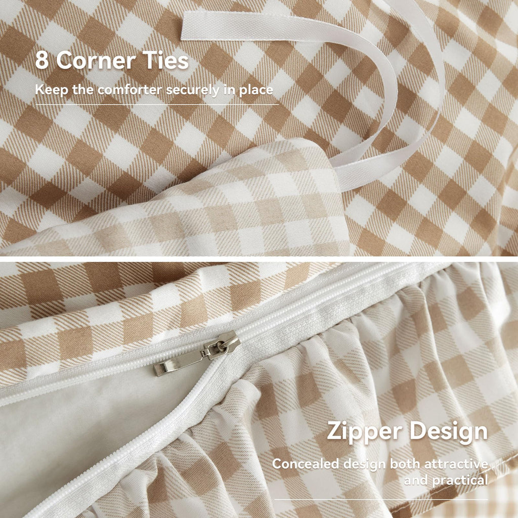 Gingham Ruffle Duvet Cover Set, 3 Pcs No Comforter, Taupe