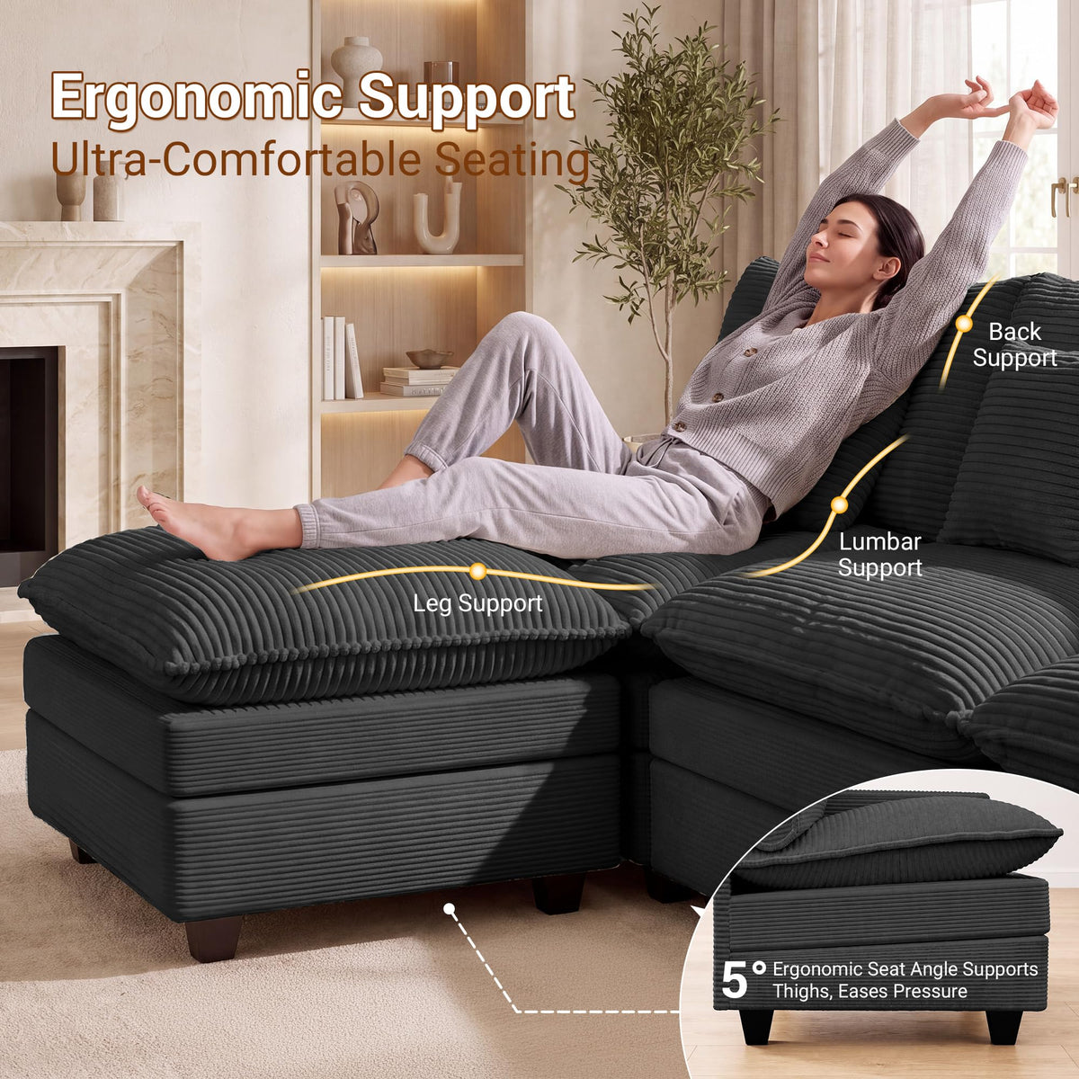 133" Modular Sectional Sofa, L-Shaped Cloud Couch with Ottoman, Black