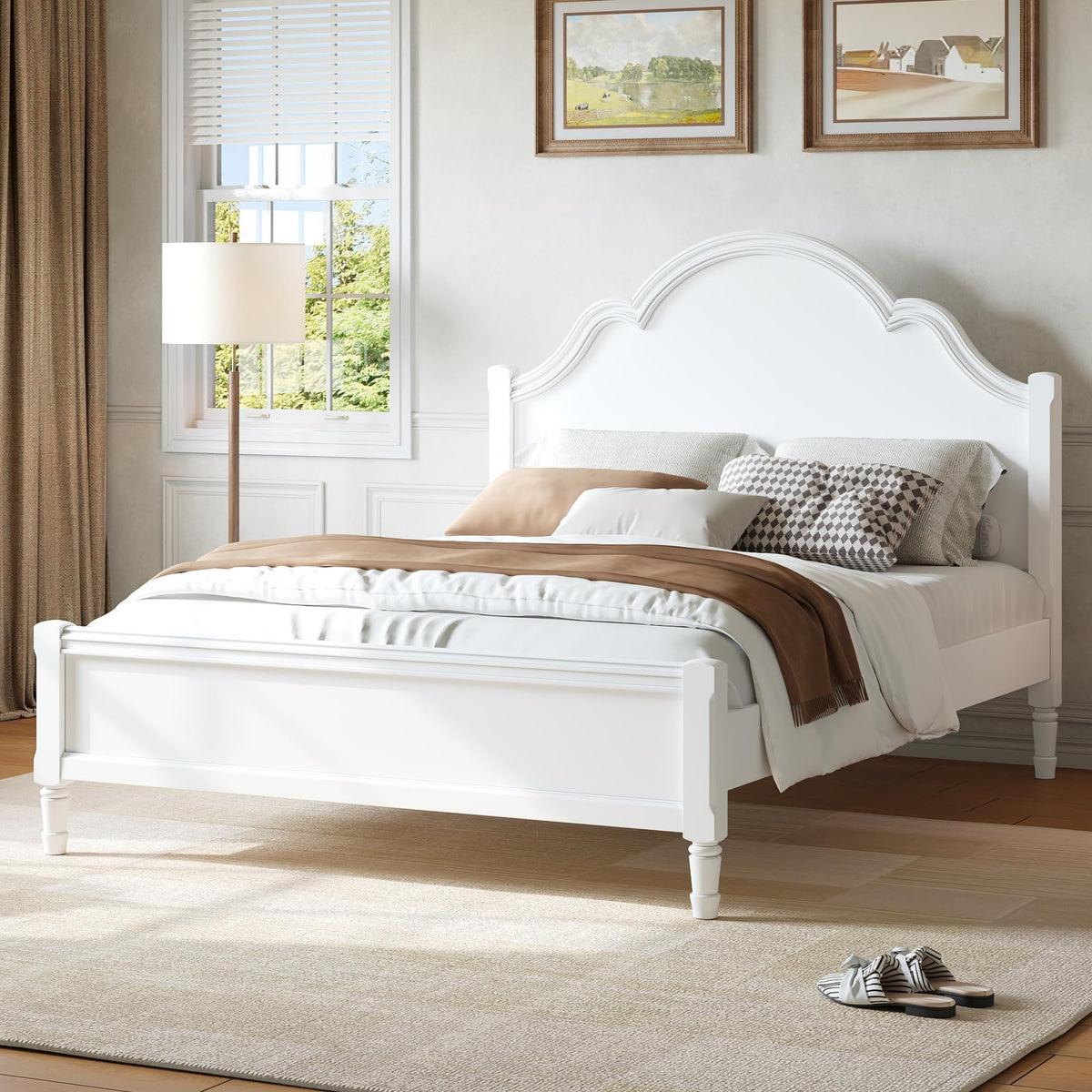 Vintage Bed Frame with Arched Headboard, White Wood Bedframe