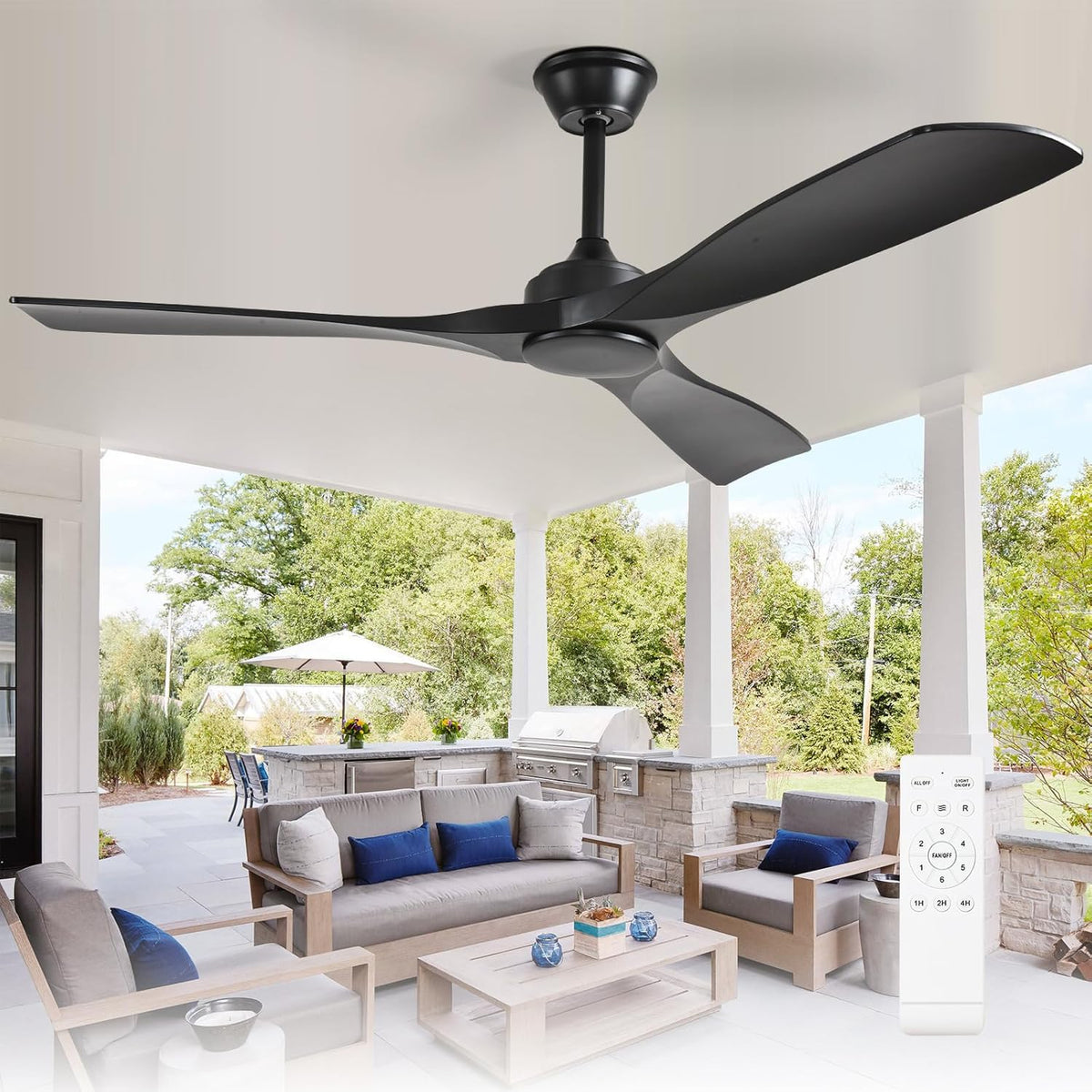 52-Inch Black Three-Blade Indoor Outdoor Patio Ceiling Fan, No Light