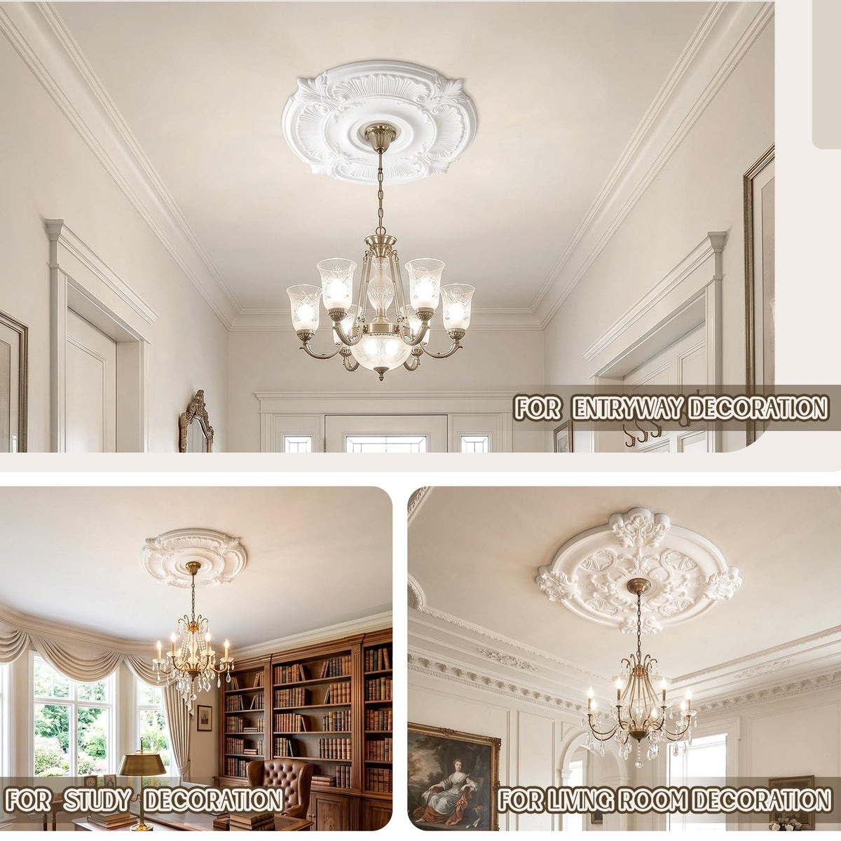 3 Pack Ceiling Medallions for Light Fixtures, Decorative Ceiling Rosettes in 3 Sizes, 13", 16.5" & 18" Od, Durable