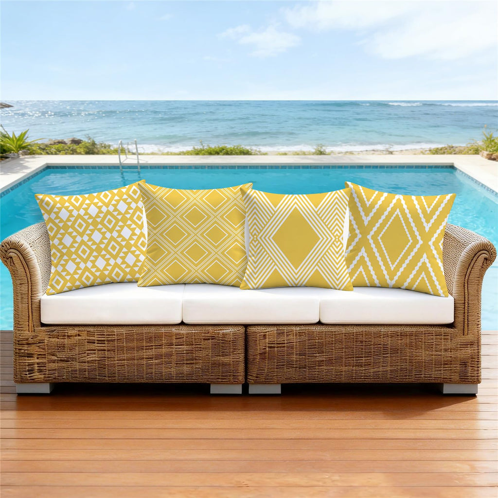 Outdoor Waterproof Pillow Covers 20x20 Set of 4 Yellow and White Modern Geometry Decorative Outdoor Throw Pillows