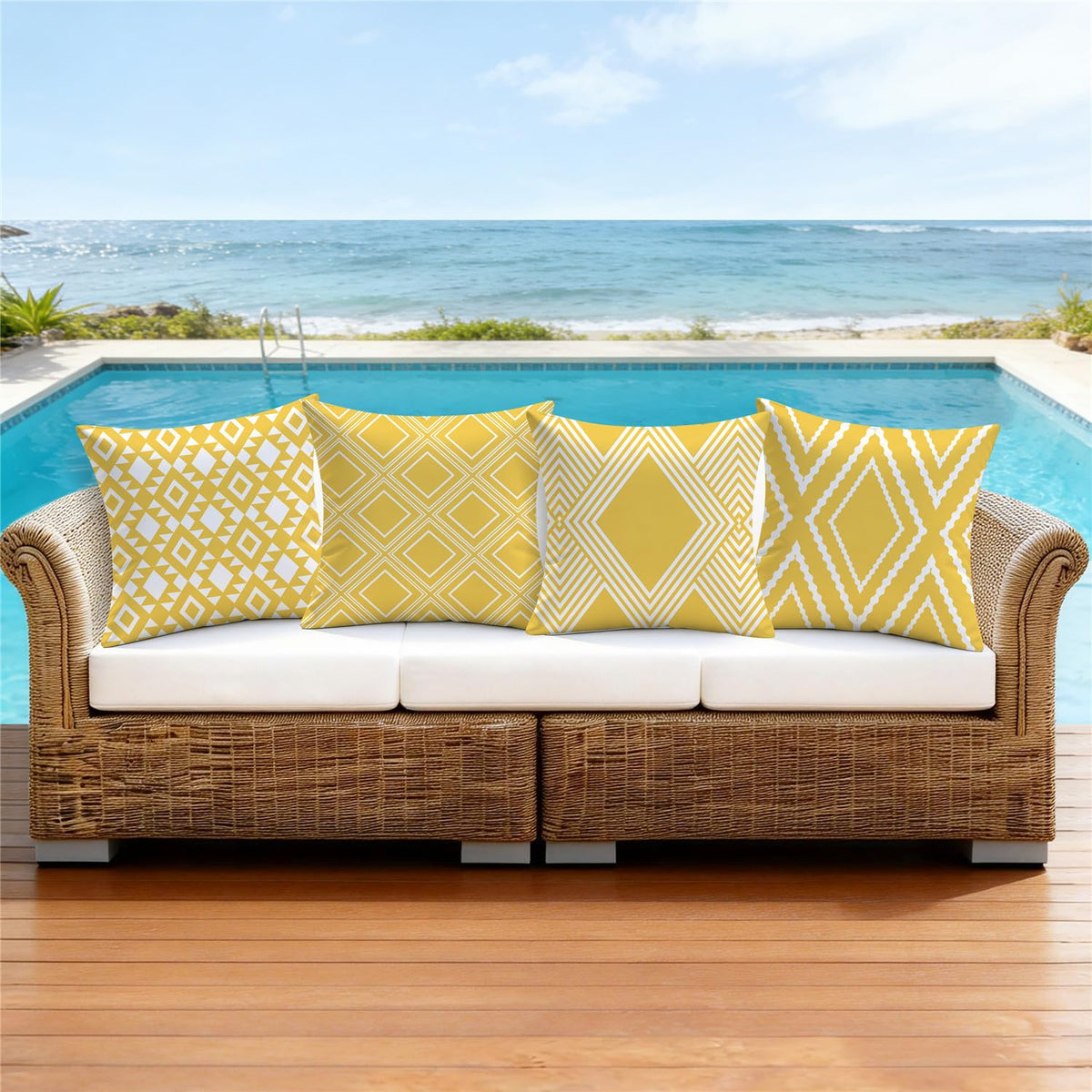 Outdoor Waterproof Pillow Covers 20x20 Set of 4 Yellow and White Modern Geometry Decorative Outdoor Throw Pillows