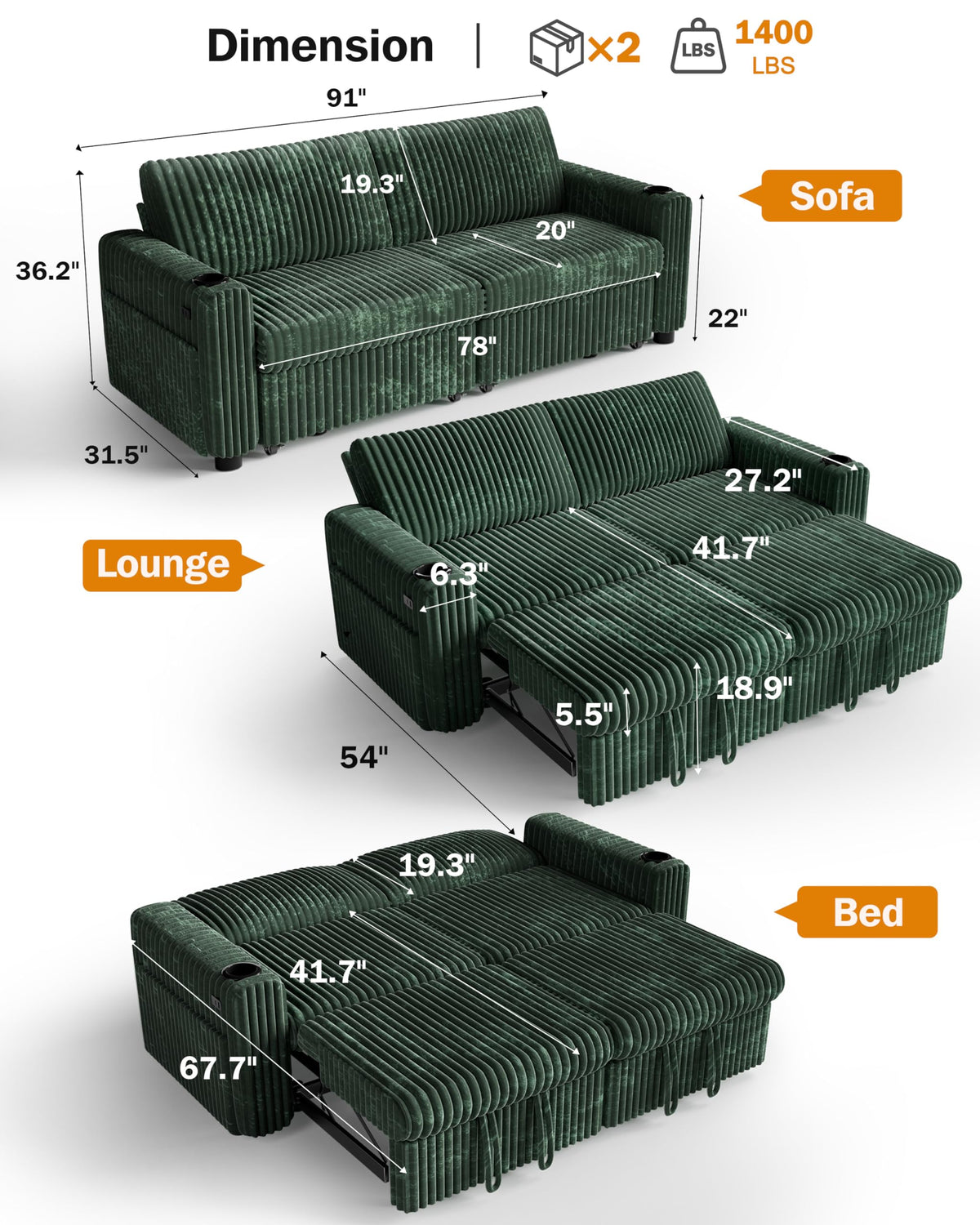 91" Plush Corduroy L Shaped Sectional Sleeper Sofa Bed with Pull Out Bed, Reclining Backrest, Reversible Storage