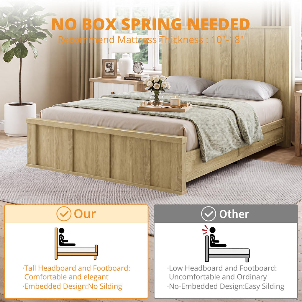 Farmhouse Bed Frame with 50" Tall Headboard, Natural Oak