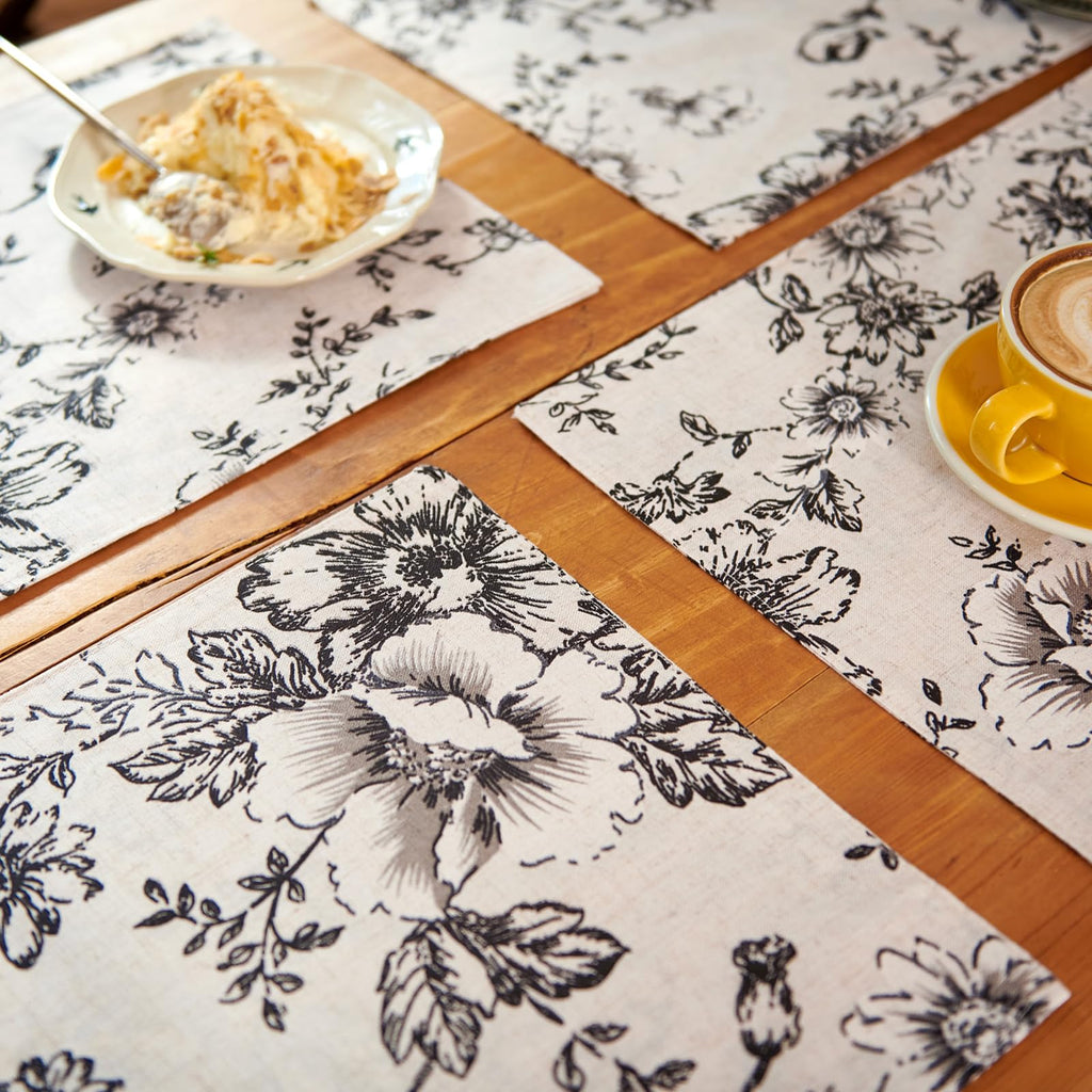 Alice Linen Floral Placemats Set of 4 Farmhouse 13x19 Inch Black