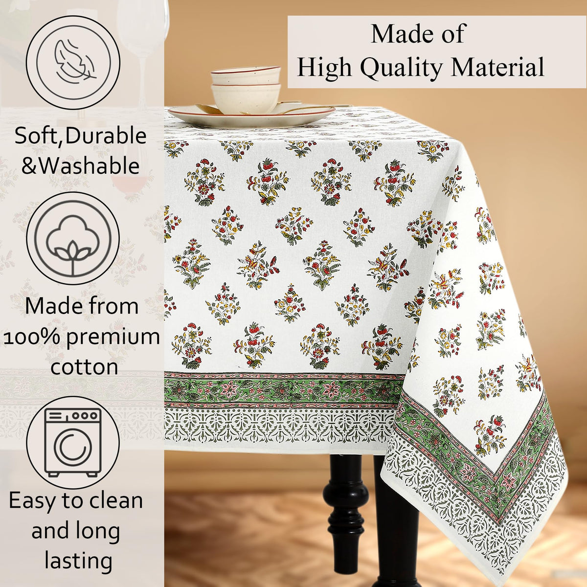 CPC Fall Green Block Print 100% Cotton Rectangle Tablecloth 52x70 Inch