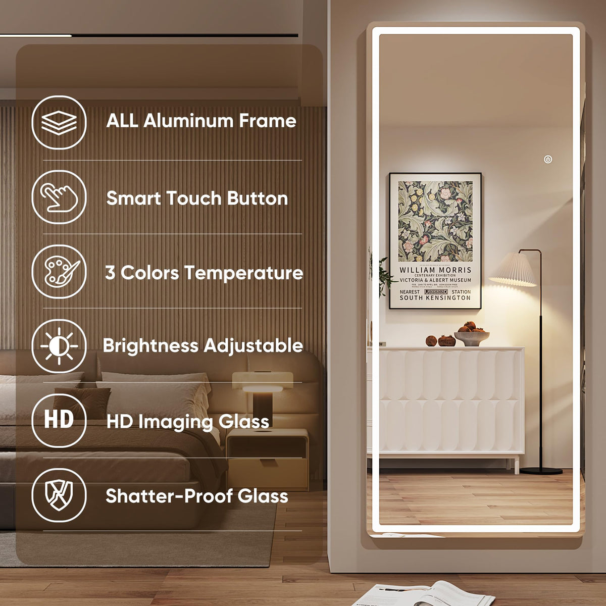 71"x28" LED Full Length Mirror, Lighted Floor Mirror, Rect