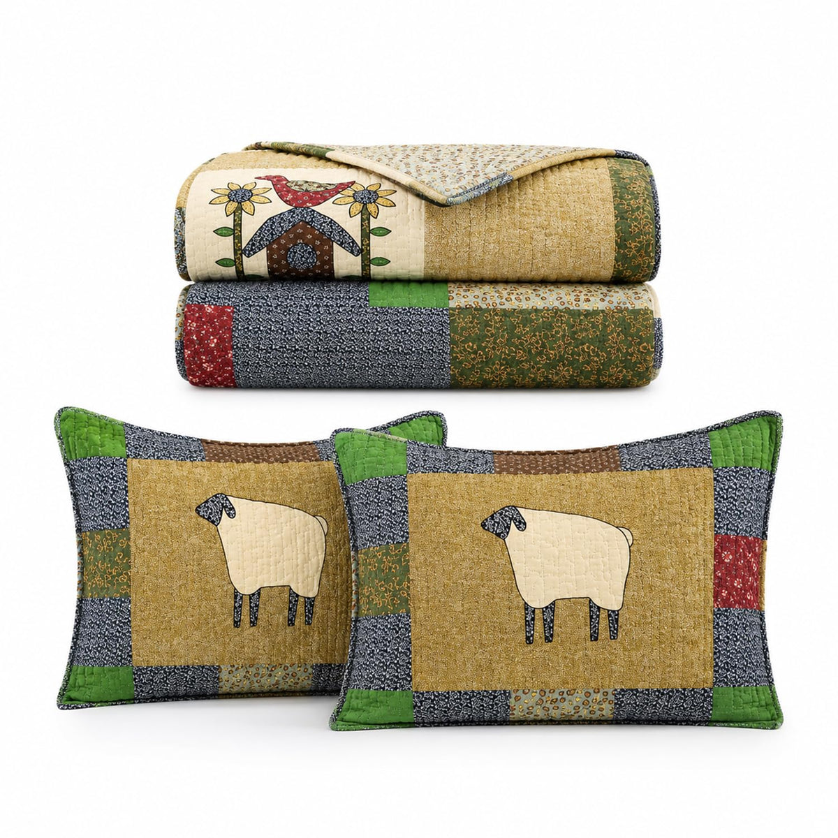 100% Cotton Patchwork Quilt Set, Farmhouse Bedding, 3-Piece