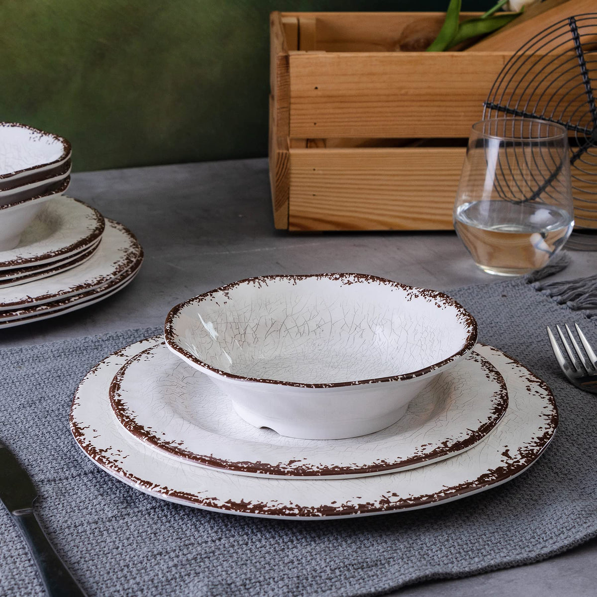 Vintage White Melamine Dinnerware set, 12 Piece Lightweight Dish Set