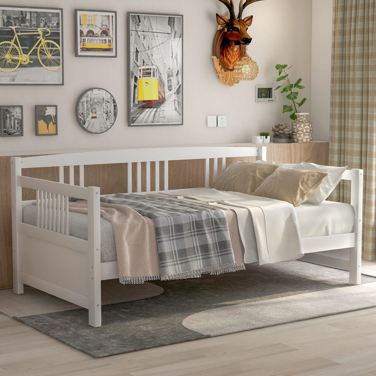 Daybed Twin Bed Wooden Slats Support Modern Living Daybed with Rails, Twin Size, Ivory White