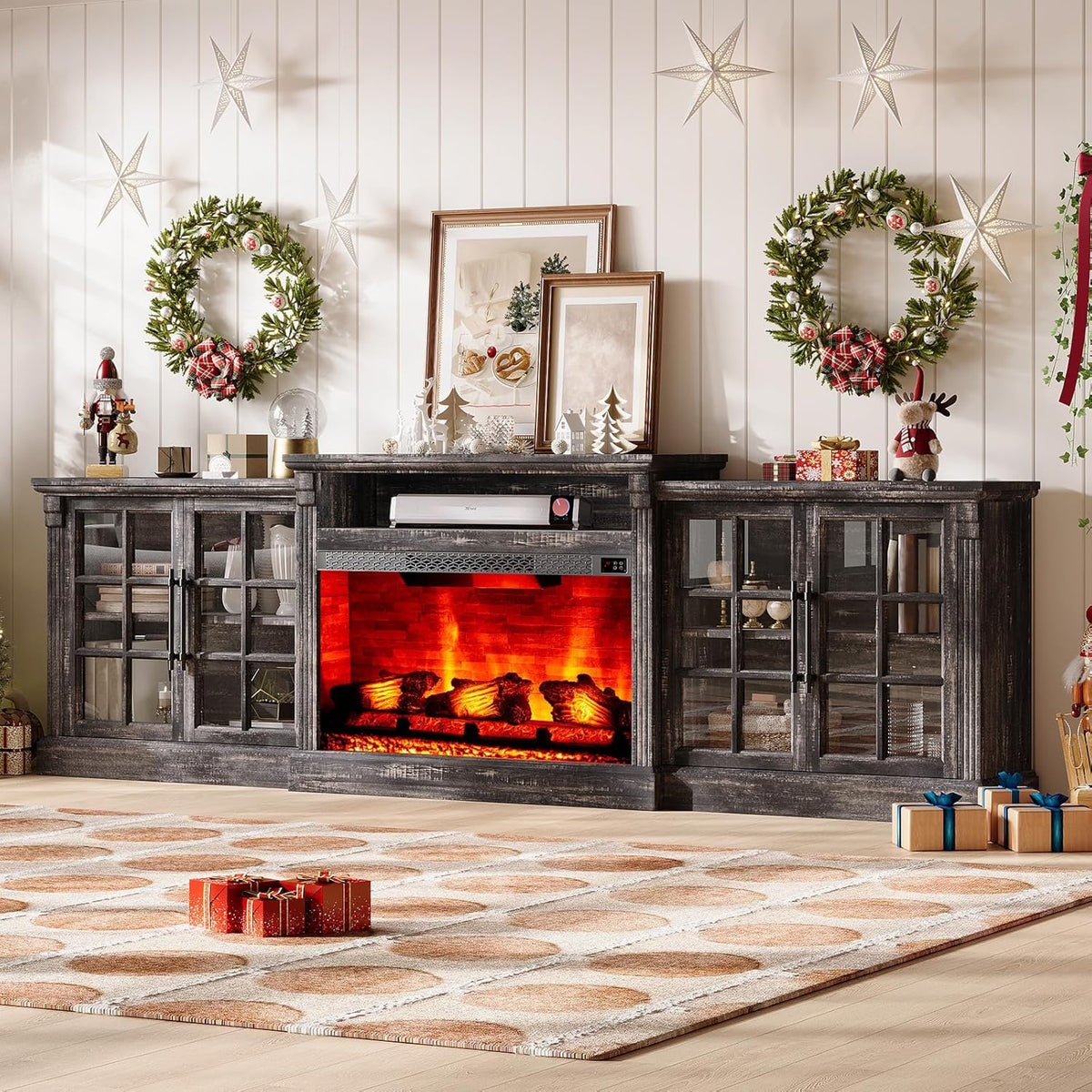 97 Inch Farmhouse Fireplace TV Stand for TVs up to 100 Inches, Entertainment Center with 33 Inch Electric Fireplace, Large Storage Cabinets and Adjustable Shelves, Rustic Black