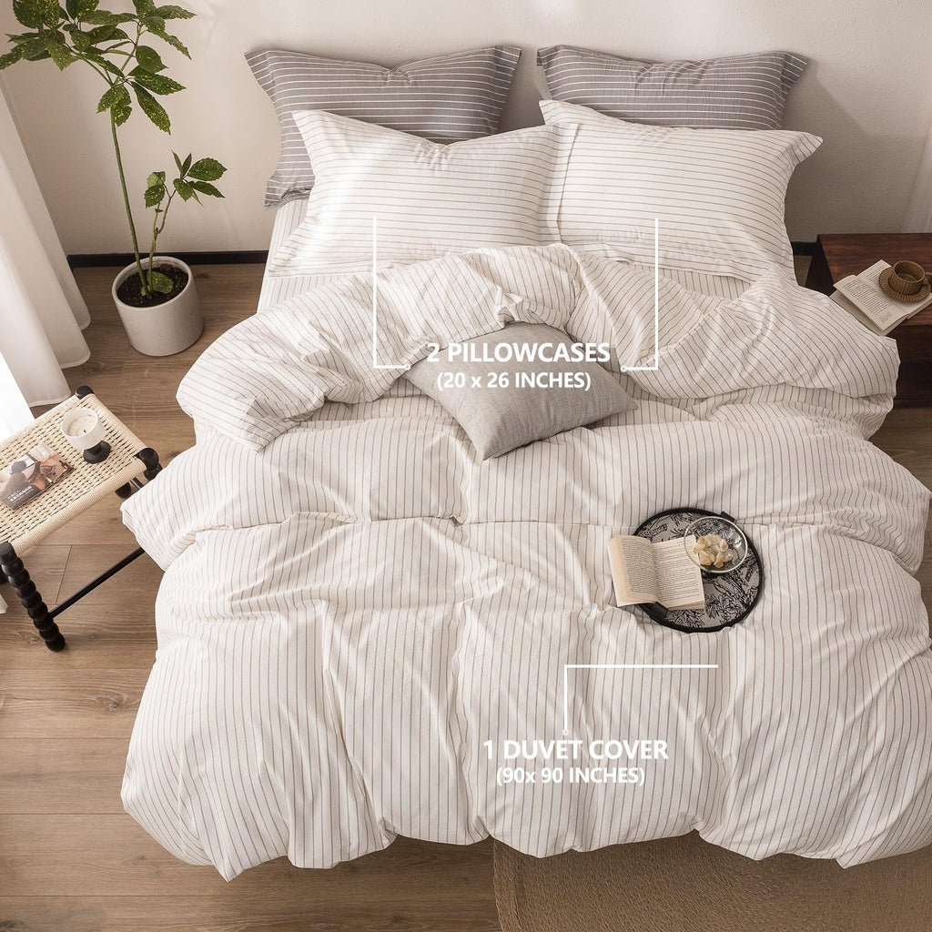 3Pcs Off White & Linen Grey Striped Duvet Cover Set