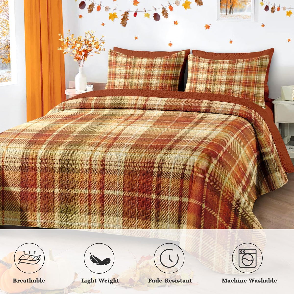 Fall Quilt Set, 3 Pieces Plaid Autumn Bedding, Bedspread