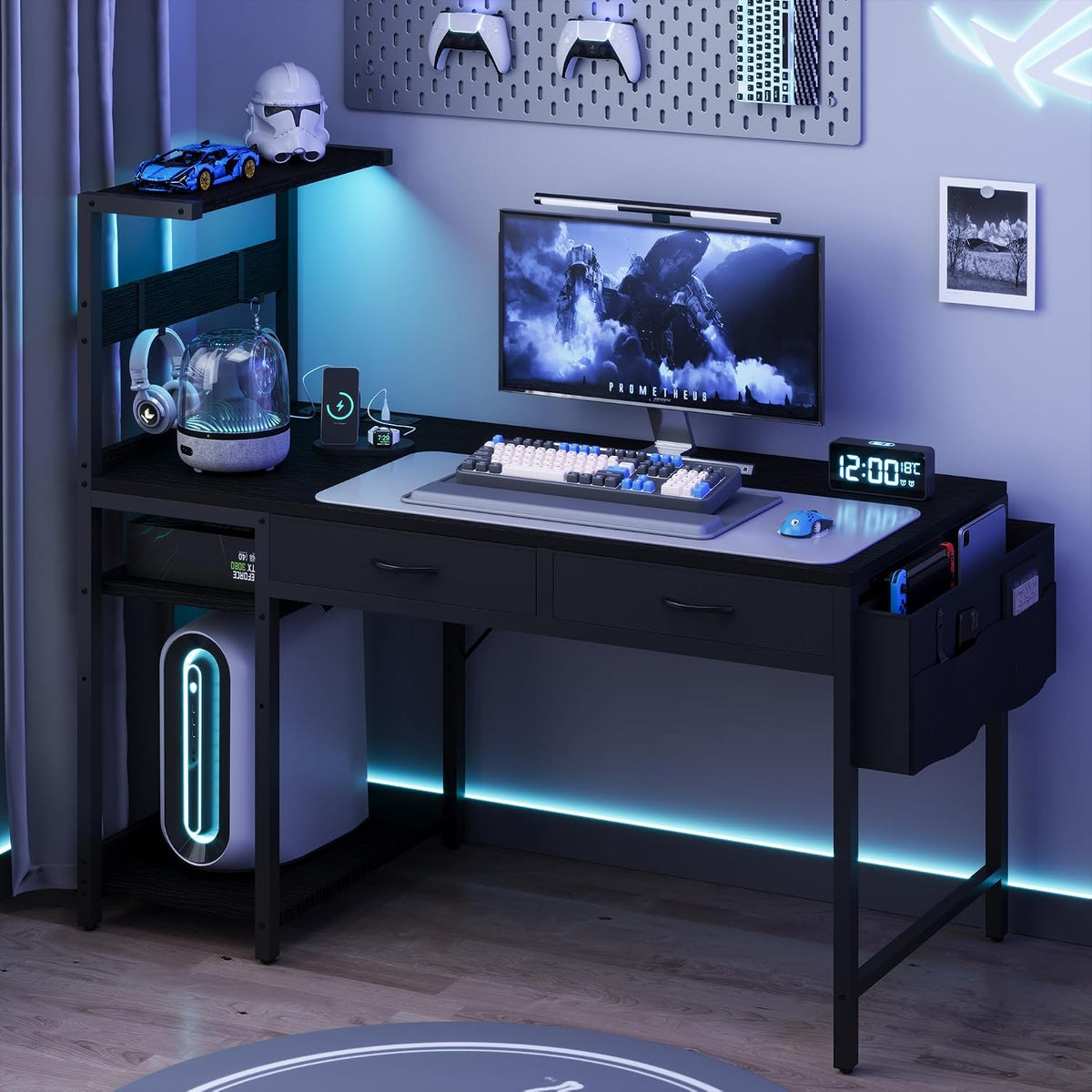 40 Inch Small Gaming Desk with Drawers & Led Lights & Storage Bag, Black | Reversible Storage Shelf, Power Outlets