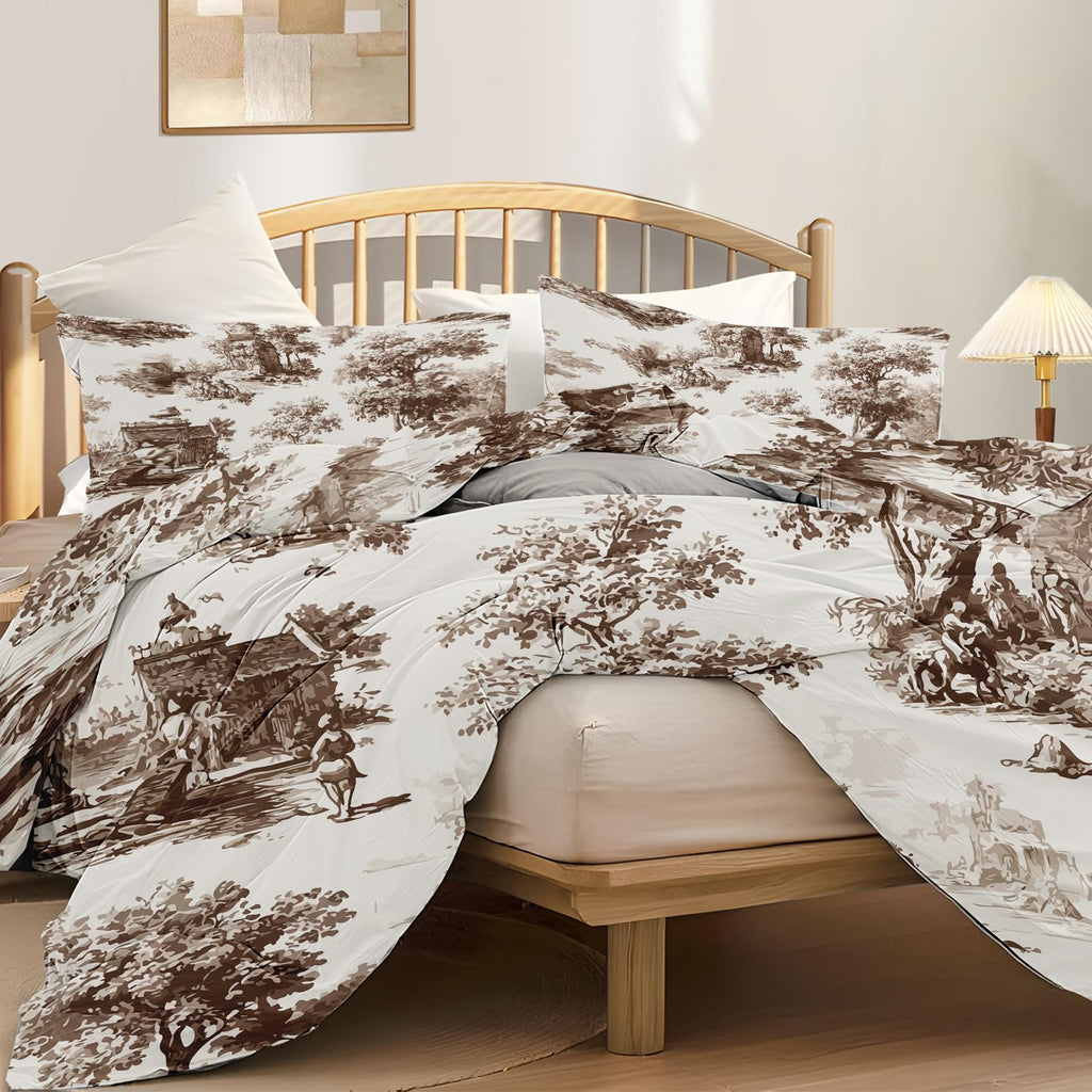 Blue Vintage Duvet Cover - Country Scene Duvet Cover Set 3Pcs - Toile Bedding Set - Brown Comforter Cover