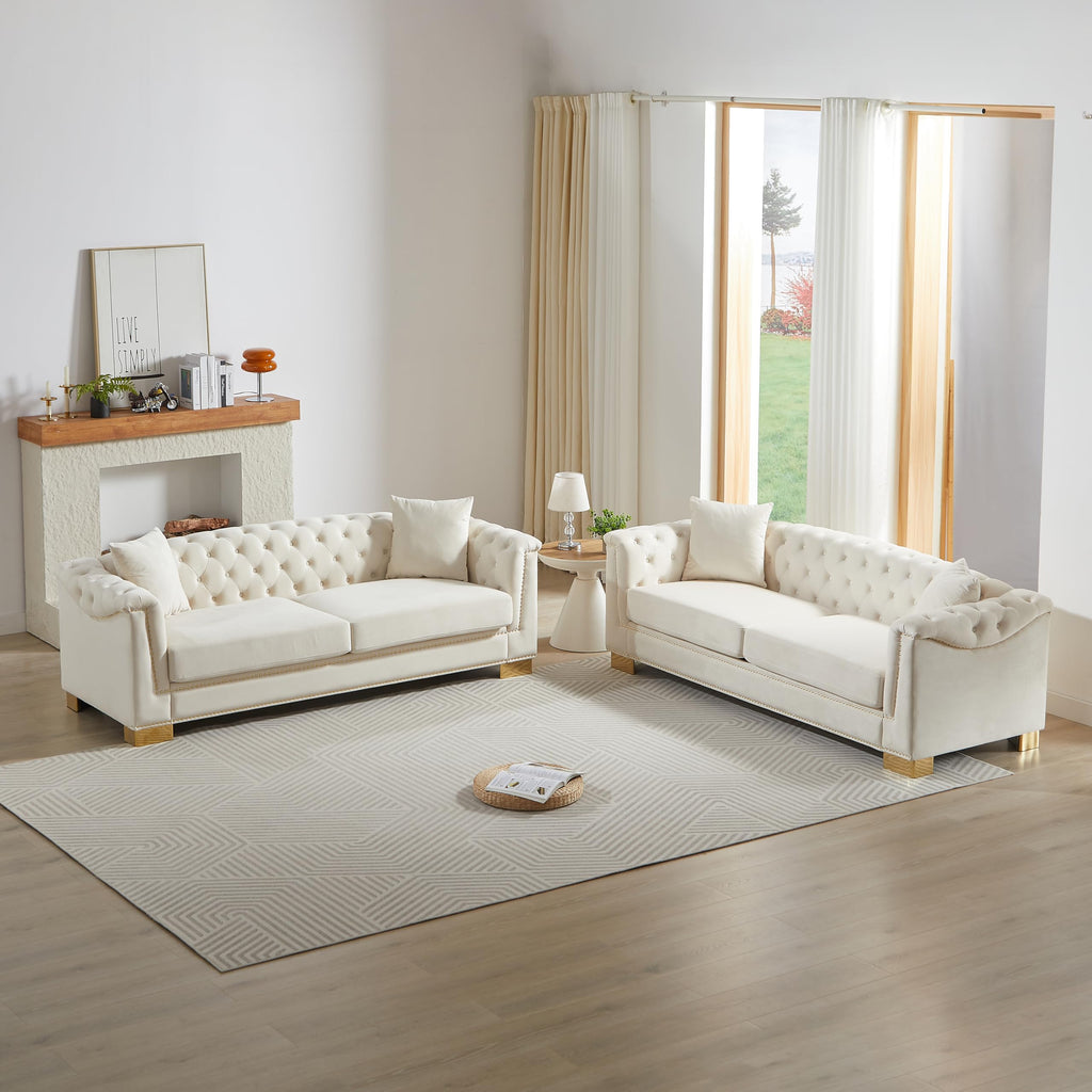 Modern Chesterfield Sectional Sofa, 3+3 Seater Combination Sofa with Rolled Arms, Button Tufted Back, Gold Studs - &