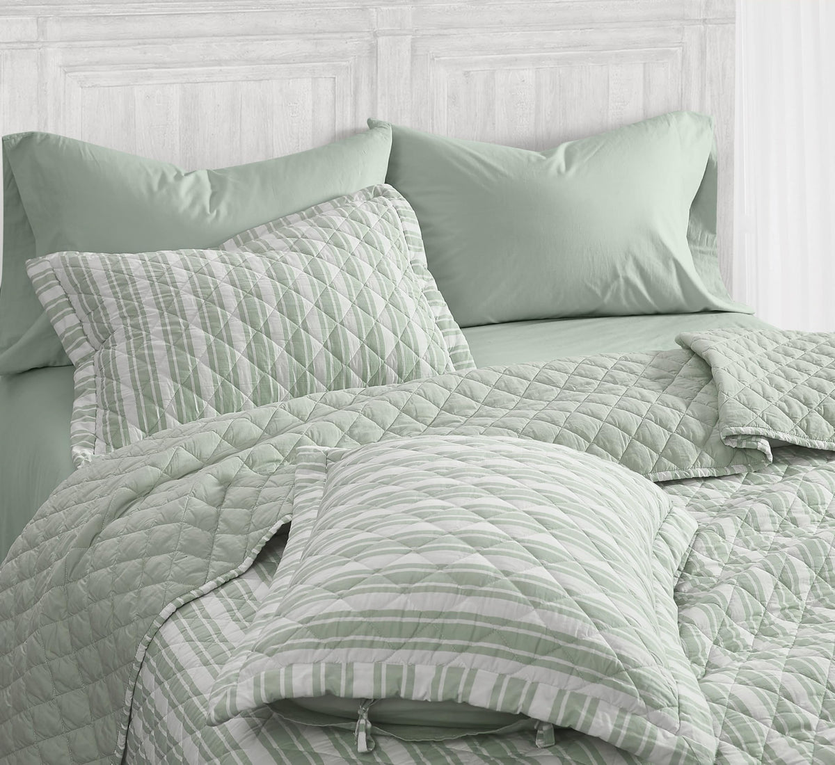 Wide Ticking Stripe Green 3 Piece Quilt Set