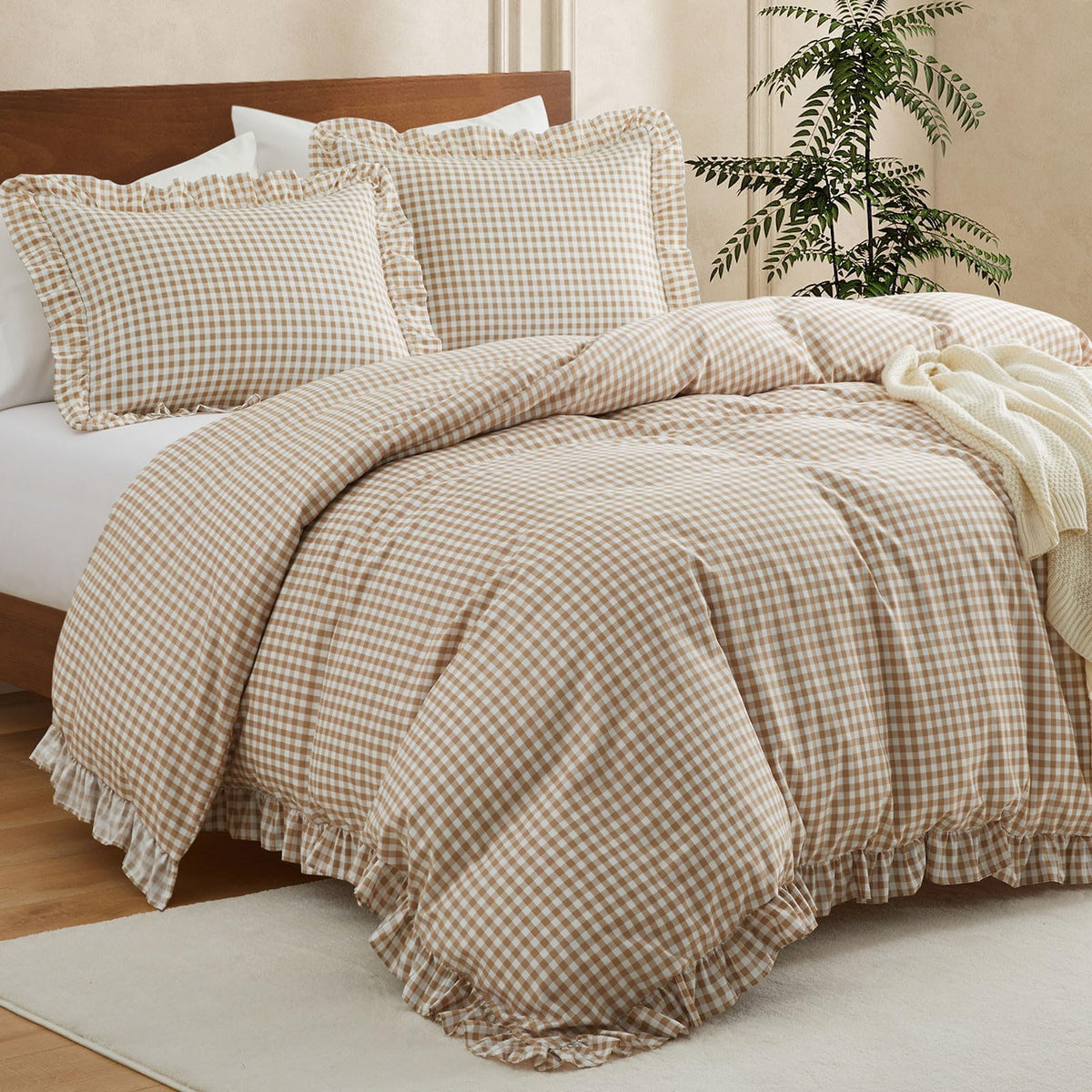 Gingham Ruffle Duvet Cover Set, 3 Pcs No Comforter, Taupe