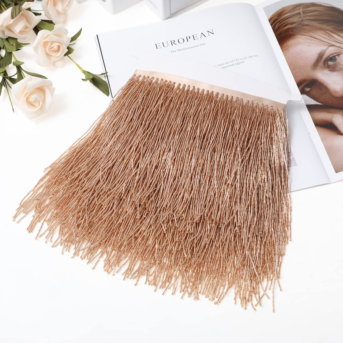 Beaded Fringe Trim - 6in Wide Glass Beaded Fringe for Dress Clothing and DIY Crafts (Champangne) - 1 Yard