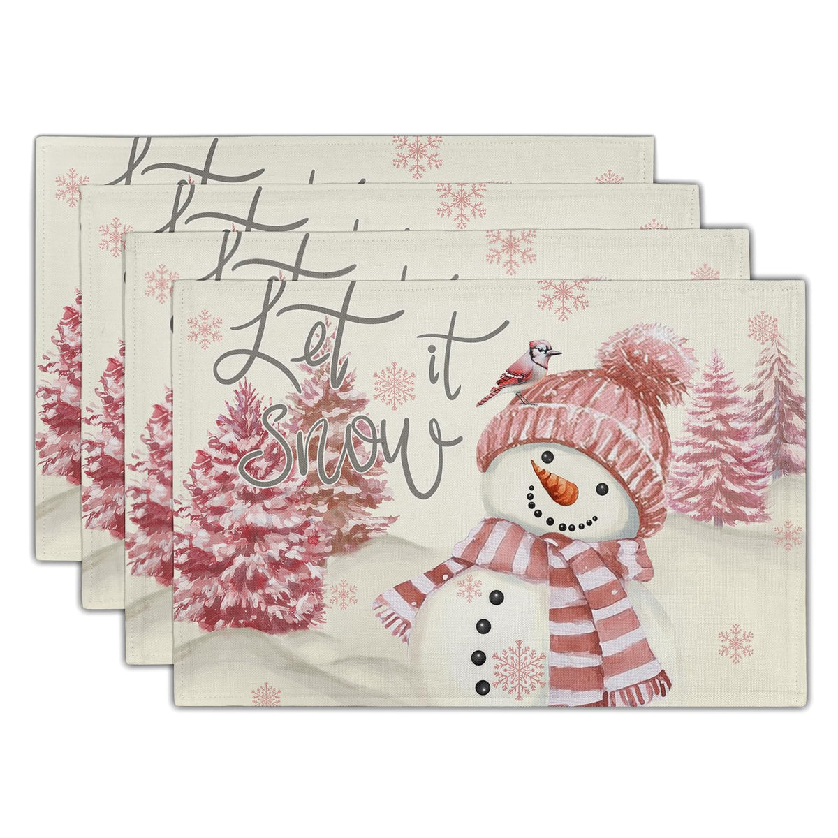 4PCs Pink Snowman Placemats 12x18 Inch Winter Pink Trees Bird Snowflake Decorative Place Mat Christmas Xmas Seasonal