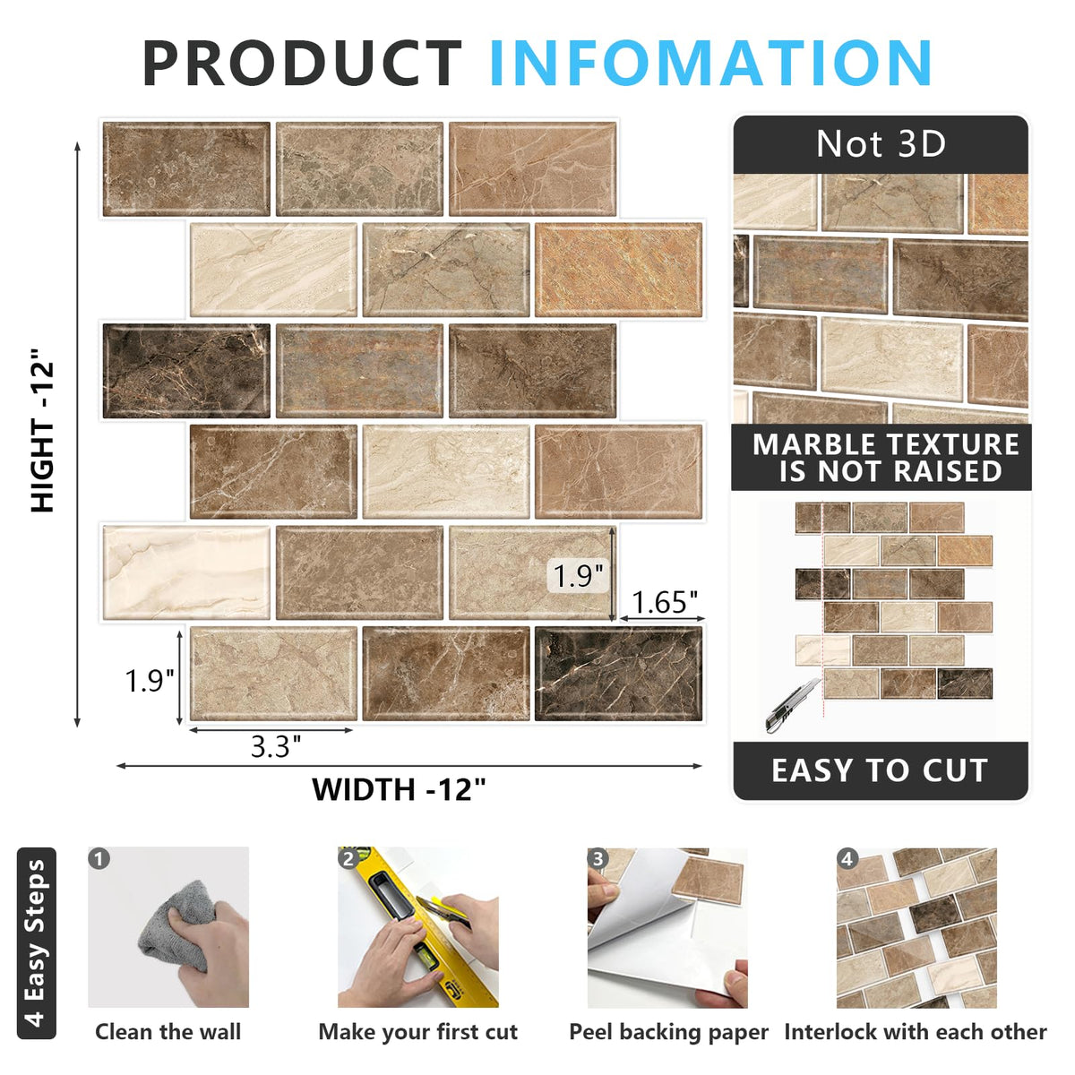 10-Sheet Stick on Backsplash ,12"x12" Peel and Stick Self Adhesive Wall Tiles Back Splashes Brown Marble Look