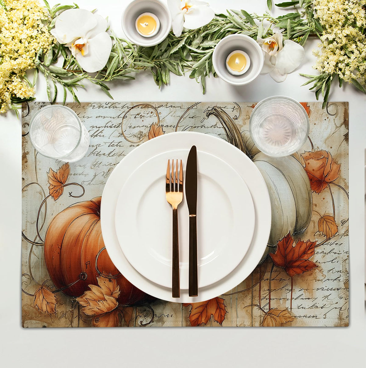 Fall Vintage Pumpkin Leaves Placemats Set of 4 Autumn Thanksgiving Harvest Linen Dinner Place Mats 12x18 Burnt Orange