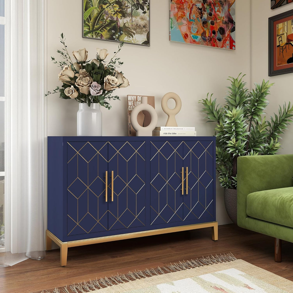 47.8" Storage Accent Cabinet with 4 Doors, Modern Sideboard Buffet Cabinet with Gold Lines