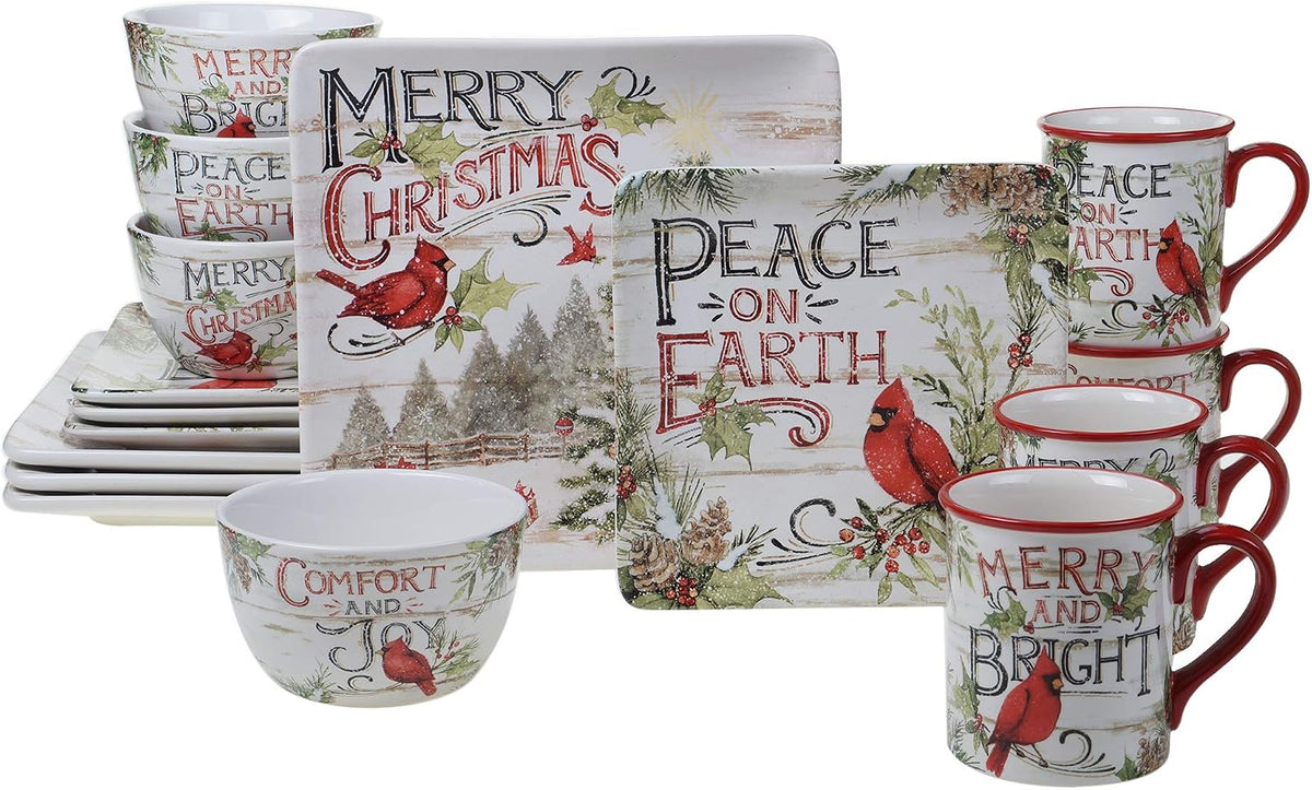 Evergreen Christmas Piece Dinnerware Set - Ceramic Holiday Plates, Bowls & Mugs with Cardinal & Script Design