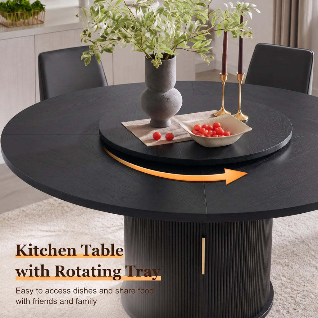 Inspired Saarinen Style 55" Fluted Round Dining Table for 4-6, Mid-Century Modern Kitchen Table with Rotating Tray, 2-Tier Storage Shelf